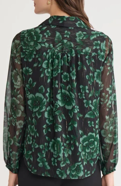 Kasper Floral Metallic Ruffle Chiffon Top In Green