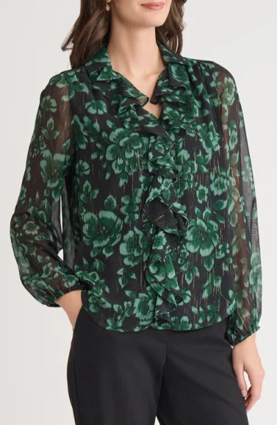 Kasper Floral Metallic Ruffle Chiffon Top In Green