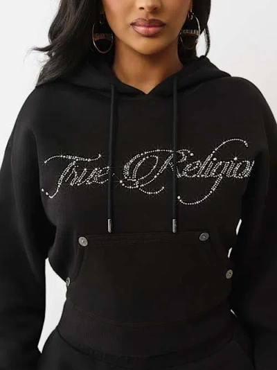True Religion Rhinestone Logo Crop Hoodie In Black