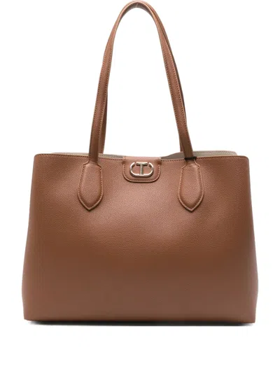 Twinset Structured Tote Bag With Smooth Pebbled Texture And Metallic Detail In Brown