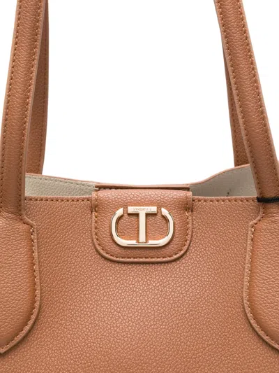 Twinset Structured Tote Bag With Smooth Pebbled Texture And Metallic Detail In Brown