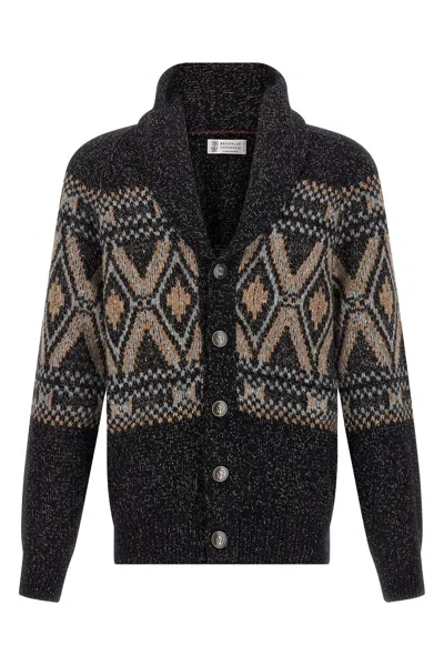 Brunello Cucinelli Wool Shawl Collar Cardigan In Black