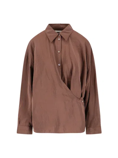 Lemaire Straight Collar Twisted Cotton Shirt In Brown
