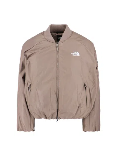 The North Face Beige Padded Bomber Jacket With Shawl Collar And Ribbed Trimming In Brown