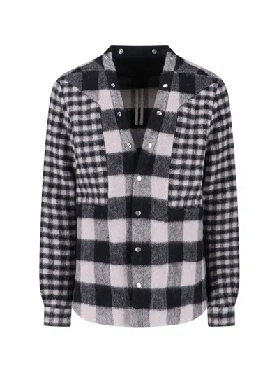 Rick Owens Checked Shirt With V-neckline And Snap Button Closure In Black