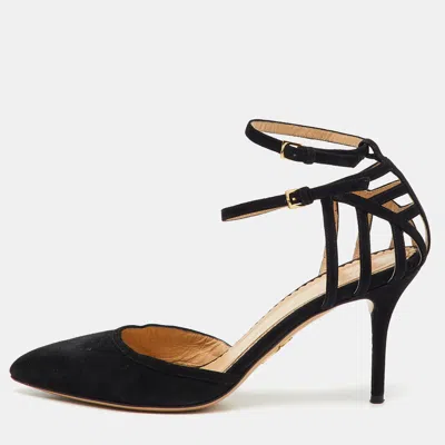 Pre-owned Charlotte Olympia Black Suede Pointed Toe Ankle Strap Pumps Size 38