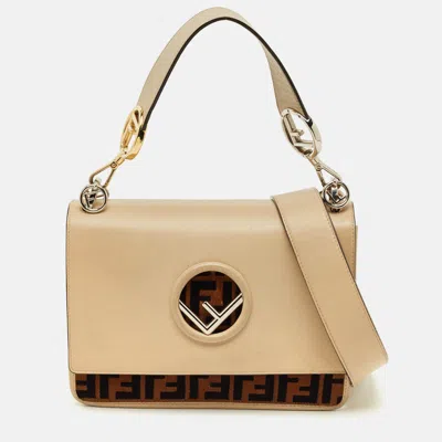 Pre-owned Fendi Beige/brown Leather And Ff Velvet Kan I F Logo Top Handle Bag In Sand