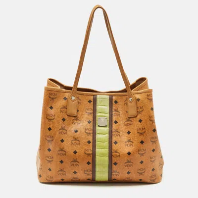 Pre-owned Mcm Cognac Visetos Coated Canvas And Croc Embossed Liz Tote In Brown