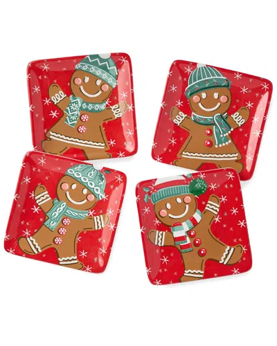 Certified International Christmas Whimsy Gingerbread Canape Plates, Set Of 4 In Red