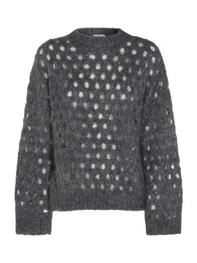 Brunello Cucinelli Open-knit Grey Sweater With Metallic Threads In Gray