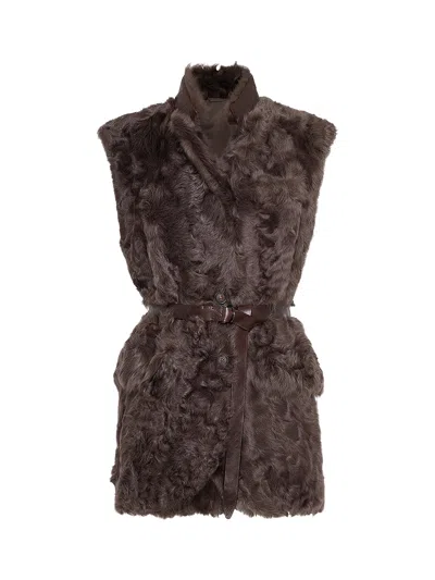 Brunello Cucinelli Belted Faux Fur Vest With Notched Lapel In Brown