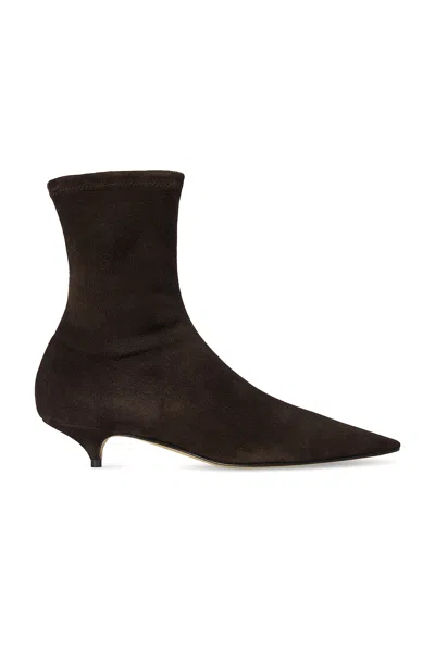 The Row Suede Liisa Kitten Ankle Boots 35 In Brown