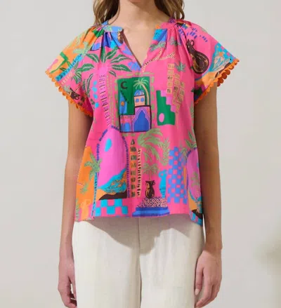 Sugarlips Lanus City Alya Split Neck Top In Fuchsia Mult In Pink