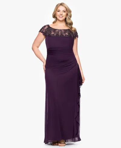 Xscape Plus-size Beaded Boat Neck Mesh Gown In Purple