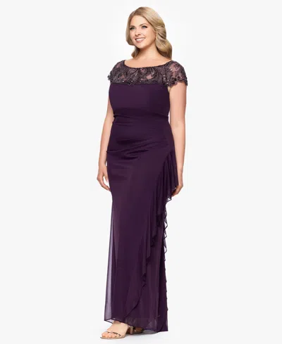 Xscape Plus-size Beaded Boat Neck Mesh Gown In Purple