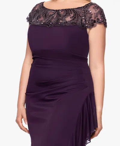 Xscape Plus-size Beaded Boat Neck Mesh Gown In Purple