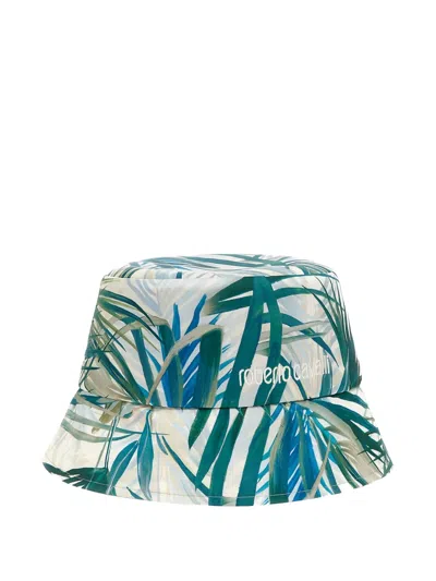 Roberto Cavalli Palm-print Embroidered-logo Bucket Hat In Green