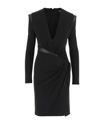 Versace Draped Long Sleeve Dress With Shoulder Pads In Black