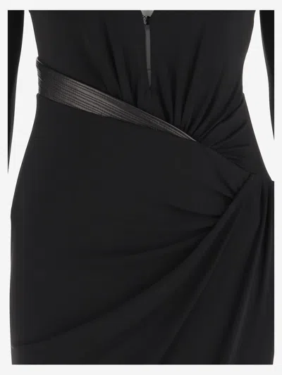 Versace Draped Long Sleeve Dress With Shoulder Pads In Black