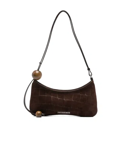 Jacquemus Crocodile-effect Suede Handbag With Adjustable Leather Strap In Brown
