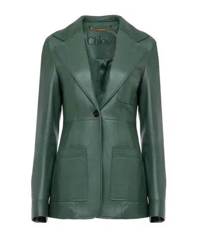 Chloé Single Button Leather Blazer Featuring Pockets In Green