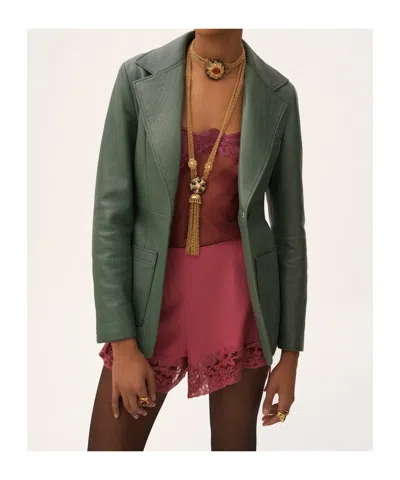 Chloé Single Button Leather Blazer Featuring Pockets In Green