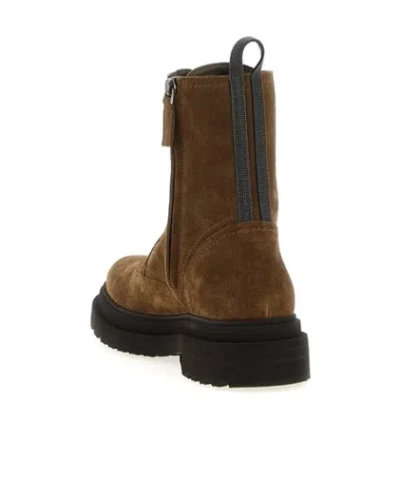 Brunello Cucinelli Suede Combat Boots Monile In Brown