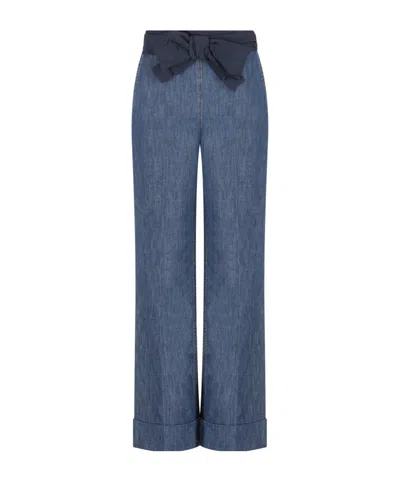 Valentino Womens Medium Blue Denim Bow-embroidered Wide-leg Denim Jeans In Blue