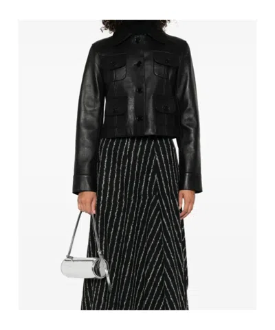 P.a.r.o.s.h Leather Jacket With Collared Neck And Flap Pockets In Black