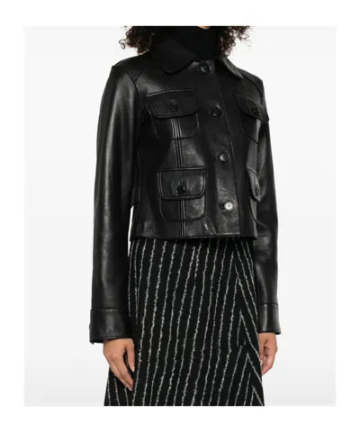 P.a.r.o.s.h Leather Jacket With Collared Neck And Flap Pockets In Black