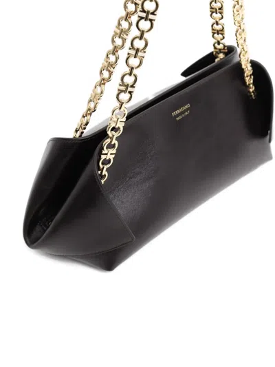 Ferragamo Brown Shoulder Bag With Logo Strap And Logo Lettering On The Front In Leather Woman In Black