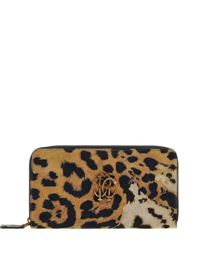 Roberto Cavalli Leopard-print Zip-around Wallet In Brown