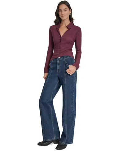 Dkny Jeans Women's Textured Collared Button-front Top In Burgundy