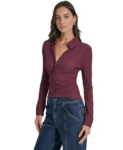 Dkny Jeans Women's Textured Collared Button-front Top In Burgundy