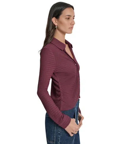 Dkny Jeans Women's Textured Collared Button-front Top In Burgundy