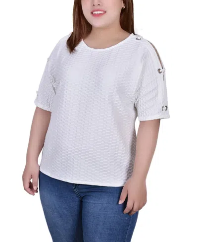 Ny Collection Plus Size Honeycomb Open Shoulder Tunic Top In White