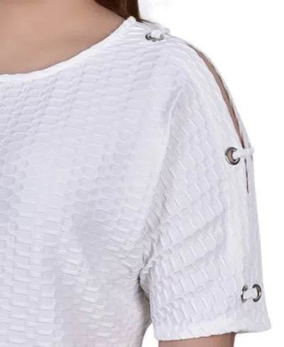 Ny Collection Plus Size Honeycomb Open Shoulder Tunic Top In White