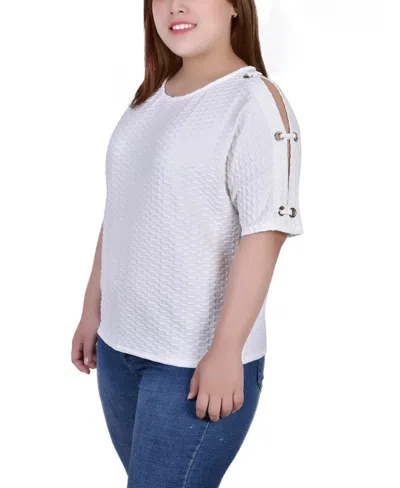 Ny Collection Plus Size Honeycomb Open Shoulder Tunic Top In White