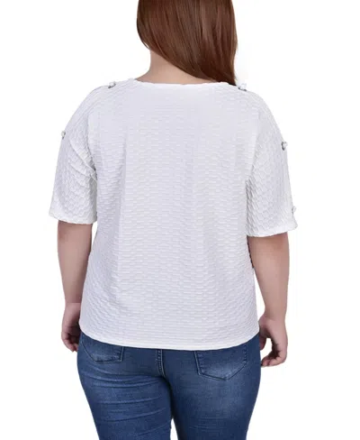 Ny Collection Plus Size Honeycomb Open Shoulder Tunic Top In White