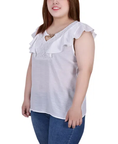 Ny Collection Plus Size Sleeveless Lace Yoke Top In White