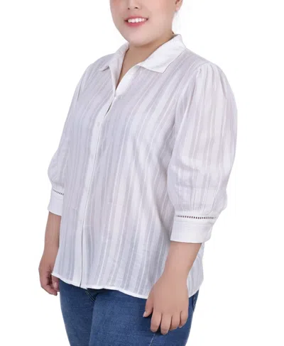 Ny Collection Plus Size 3/4 Puff Sleeve Cotton Jacquard Top In White