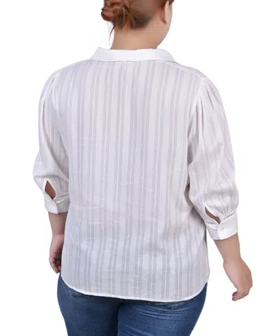 Ny Collection Plus Size 3/4 Puff Sleeve Cotton Jacquard Top In White