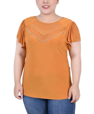 Ny Collection Plus Size Studded Short Flutter Sleeve Top With Mesh Details In Orange