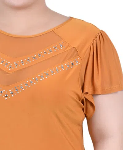 Ny Collection Plus Size Studded Short Flutter Sleeve Top With Mesh Details In Orange