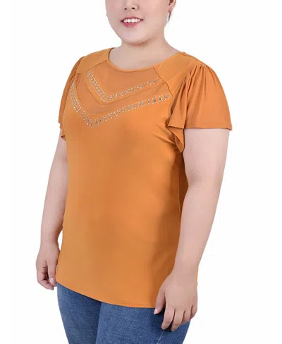 Ny Collection Plus Size Studded Short Flutter Sleeve Top With Mesh Details In Orange