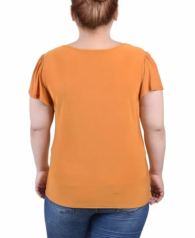 Ny Collection Plus Size Studded Short Flutter Sleeve Top With Mesh Details In Orange