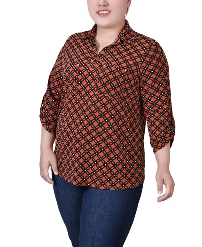 Ny Collection Plus Size 3/4 Roll Tab Sleeve Studded Y Neck Top In Brown