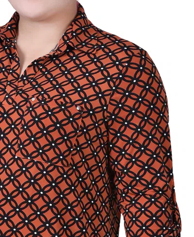 Ny Collection Plus Size 3/4 Roll Tab Sleeve Studded Y Neck Top In Brown