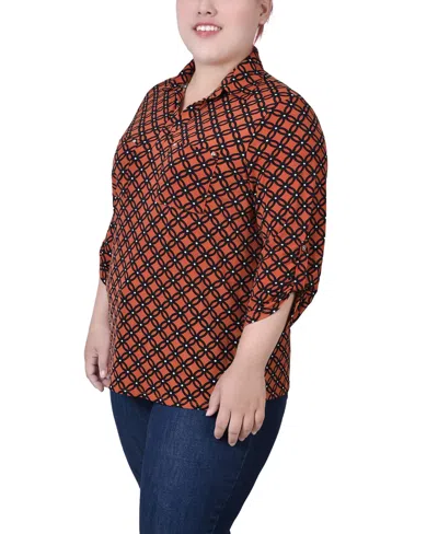 Ny Collection Plus Size 3/4 Roll Tab Sleeve Studded Y Neck Top In Brown