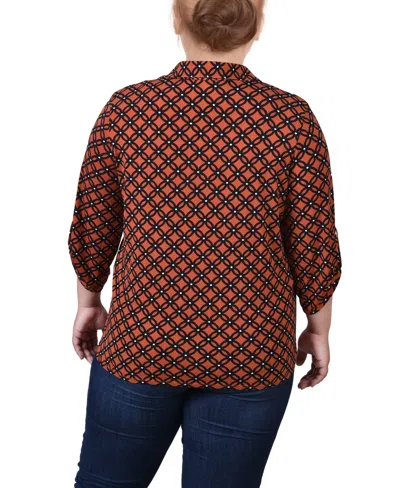 Ny Collection Plus Size 3/4 Roll Tab Sleeve Studded Y Neck Top In Brown